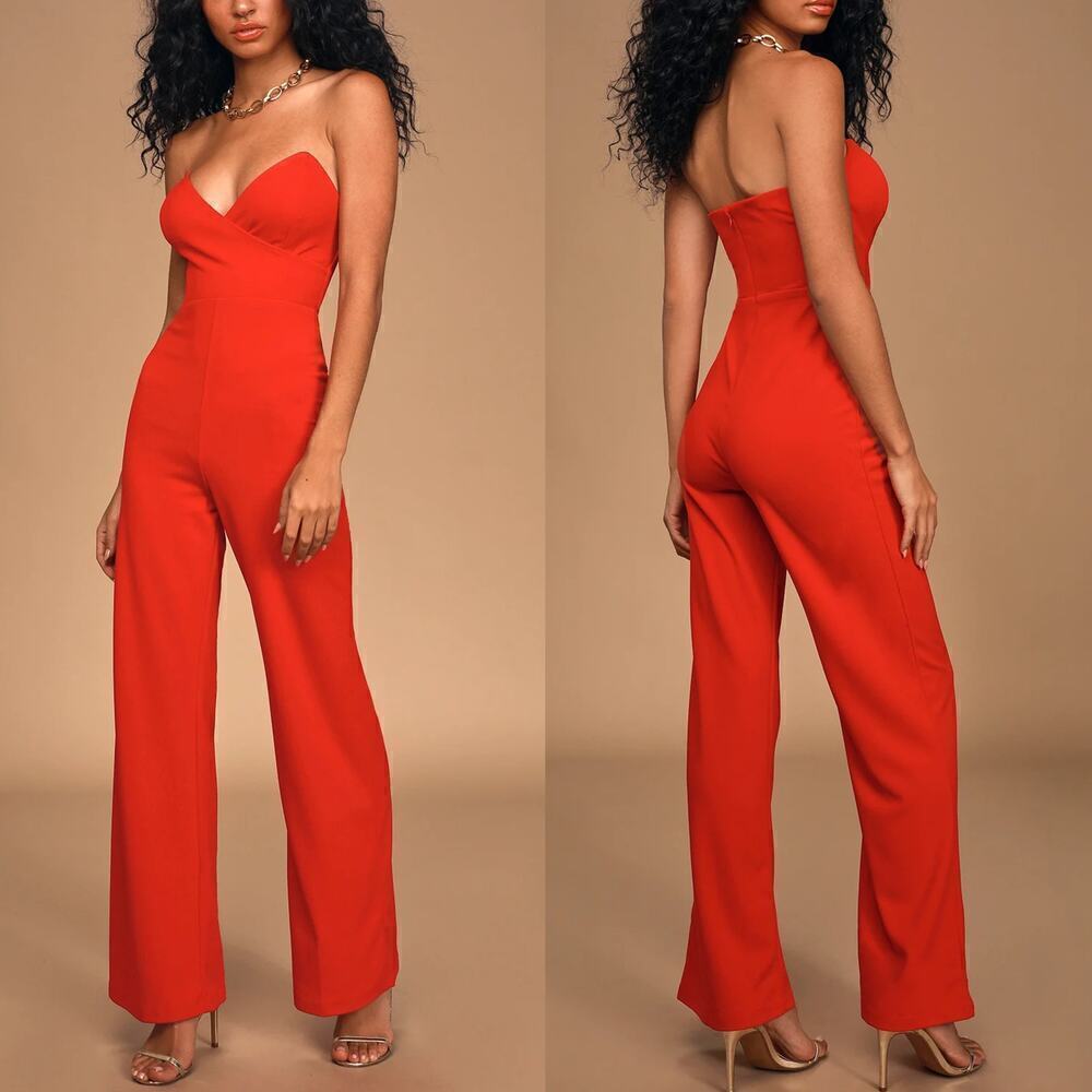 Lulus Power Move Jumpsuit Strapless Faux Wrap Bodice Wide Leg Red NWT XS